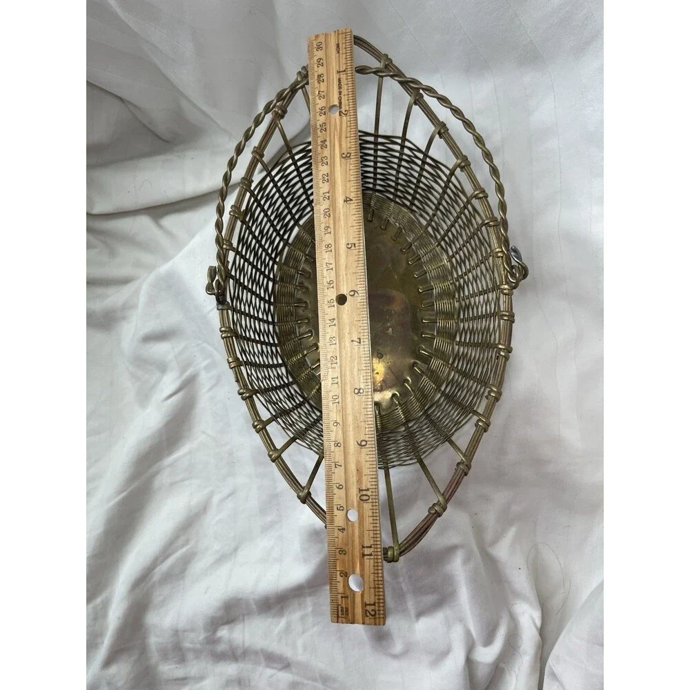 Oval Brass Metal Wire Woven Basket w/ Handle, Made in India, 11in long